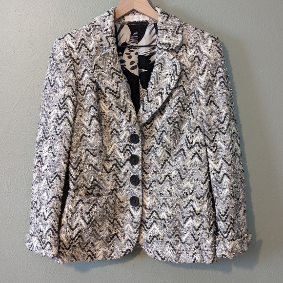Wool Blend Chevron Silk Lined Floral Button Blazer Size 10 - Picture 1 of 11
